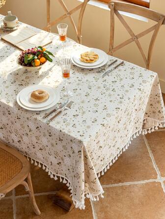 1 件浅棕色碎花蒲公英图案流苏桌布，温馨复古乡村田园风情长方形餐桌布，适合日常家居装饰