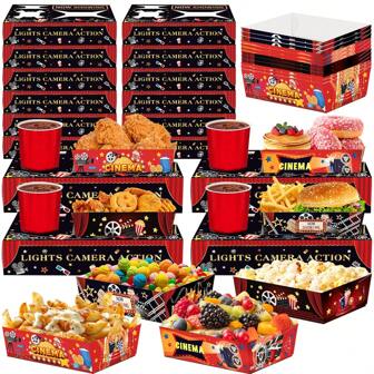 12/24 Pcs Movie Night Food Trays And Boxes 4 Styles Cinema Pattern Snacks Trays Box Paper Popcorn Tray And Holder For Birthday Carnival Party Supplies