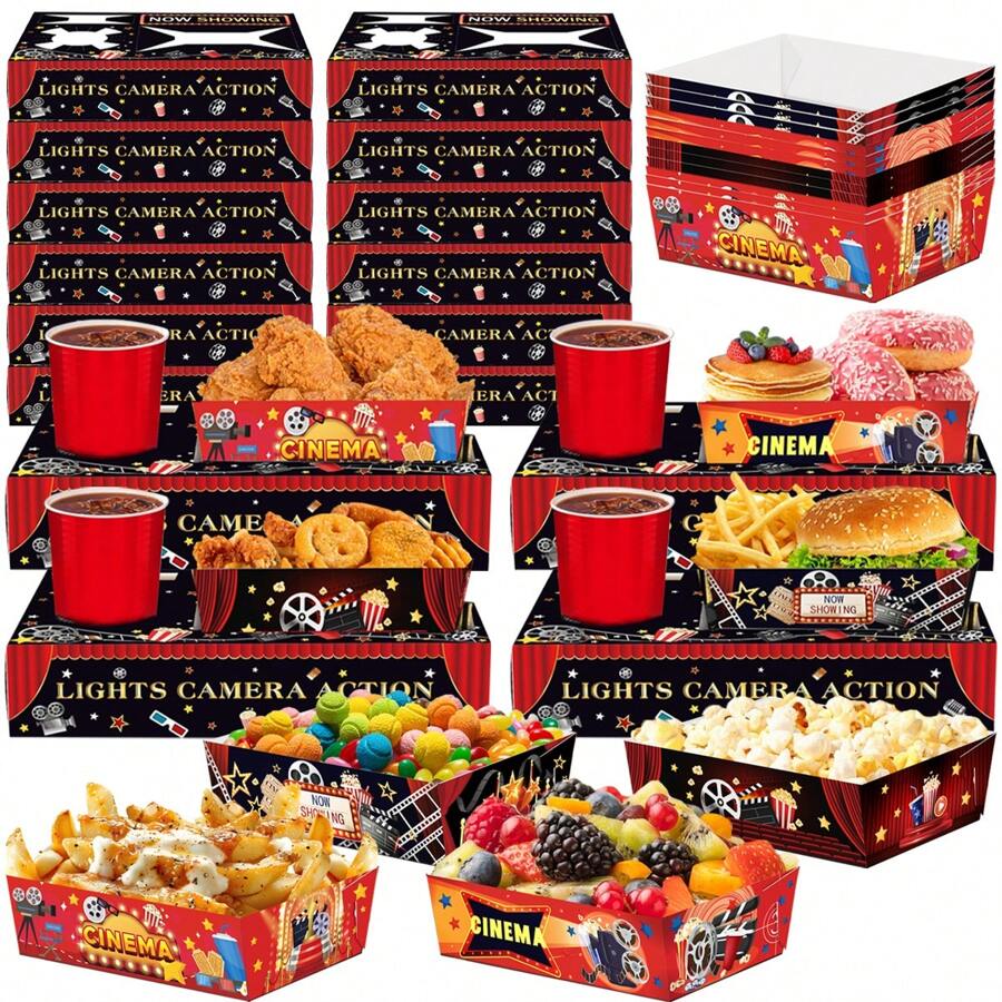 12/24 件装电影之夜食品托盘和盒子,4 种款式,影院图案零食托盘盒,纸质爆米花托盘和支架,适用于生日嘉年华派对用品 - 彩色 - 查看 1