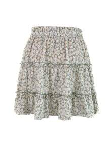 Women's Ruffle Floral Short Skirt High Waist A-Line Tie-Up Pleated Skirts For Summer - màu xanh lá - Xem 5