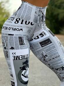 Leggings de cintura alta con estampado de periódico, ajuste delgado, primavera - Multicolor - Ver 1