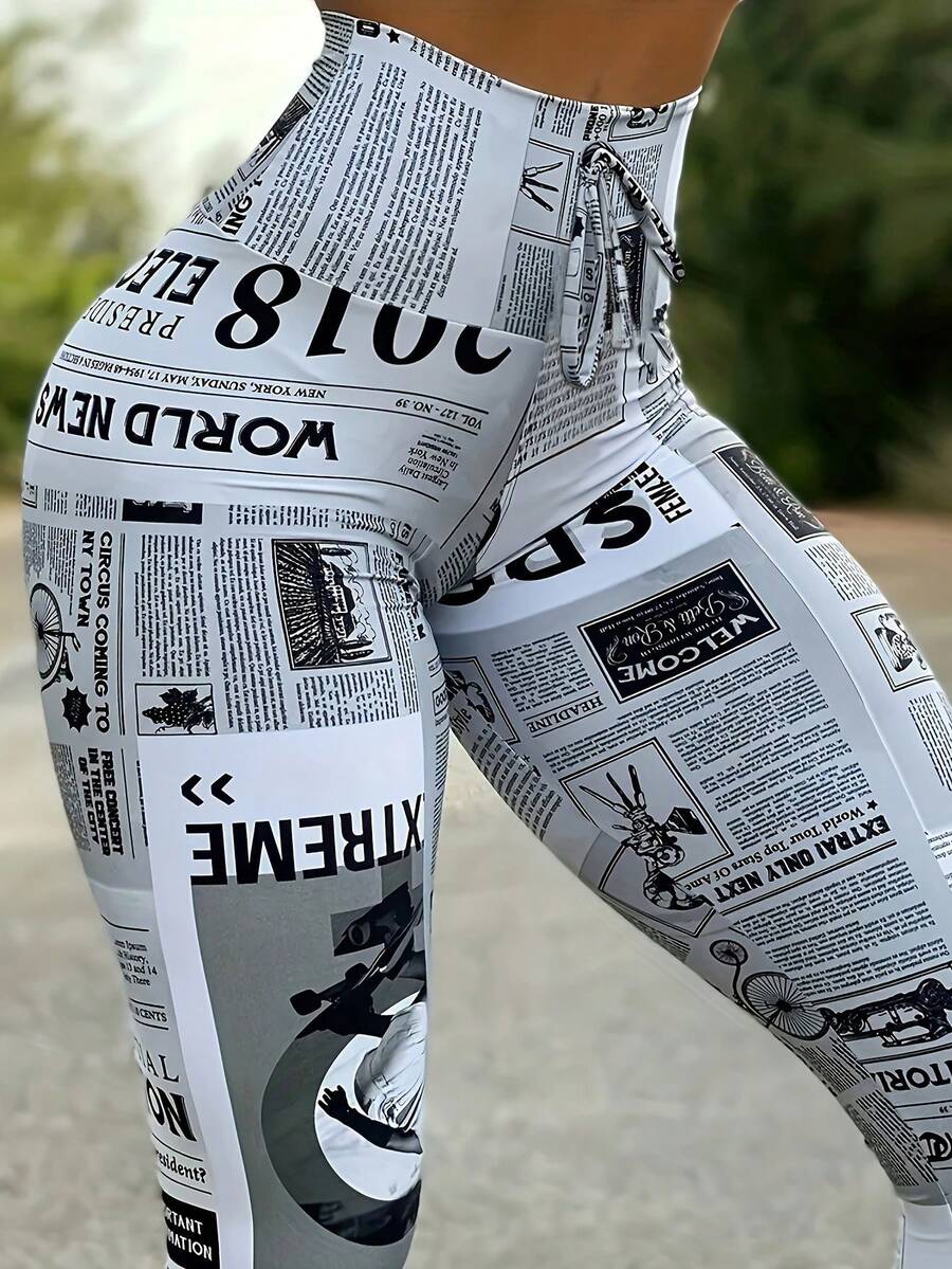 Leggings de cintura alta con estampado de periódico, ajuste delgado, primavera - Multicolor - Ver 1