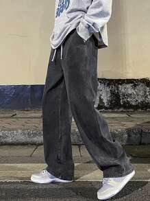 High-End Simple Versatile Straight Leg Washed Denim Jeans, Drawstring Elastic Waist Casual Pants, All Season