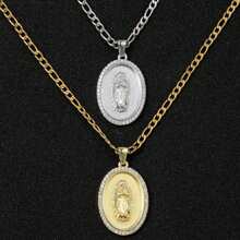 dollrinboy 1 st. 14K vergulde Guadalupe Maagd Maria ovale hanger ketting voor vrouwen mannen Zirconia inlay Maagd Maria 3mm platte Figaro ketting