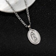 dollrinboy 1 st. 14K vergulde Guadalupe Maagd Maria ovale hanger ketting voor vrouwen mannen Zirconia inlay Maagd Maria 3mm platte Figaro ketting