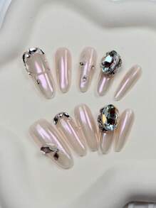 10Pcs Handmade Almond Shaped False Nails, Y2K, Cat Eye Craft, With Sparkling Rhinestones, Gorgeous And Luxurious Style, High-End Quality, Suitable For Different Styles Of Women'S Daily And Holiday Wear, Removable And Reusable Press On Nails Nail Supplies Nails - Multicolor - View 2