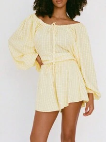 Women's Plaid Suit Casual Long Sleeve Top And Elastic Waist Shorts Spring/Summer Two-Piece Set - 黃色 - 查看 2