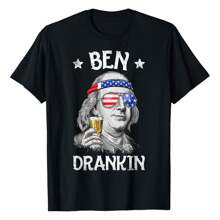 Ben Drankin 7 月 4 日男士美国国旗 T 恤 男士 100% 纯棉 T 恤，柔软透气短袖，非常适合日常穿着、户外活动、工作和运动，全天舒适穿着！ - 黑色 - 查看 1