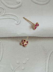1 Pair S925 Sterling Silver Plated 14K Gold Cute Floral Ruby Stud Earrings For Girl