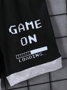 2pcs Set Young Boy Casual Slogan Print Splicing Shoulder Short Sleeve Hoodie T-Shirt & Shorts Set, Suitable For Summer Outdoor, Casual Daily, School Wear - Grey - View 8