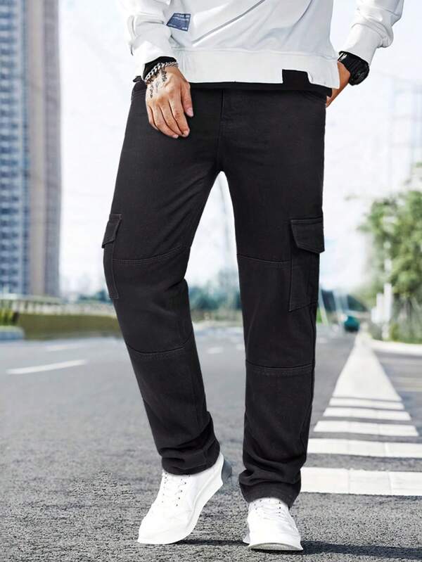 Plus Size Men's Fashionable Casual Outdoor Activities Jeans, Street, Hip Hop, Dance Party, Jogging Versatile Comfortable Multipocket Dark-Colored Denim Cargo Pants