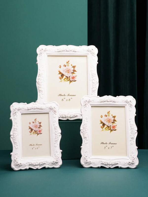 1pc White Rose Embossed Photo Frame, Resin Material European Classical Floral Decorative Picture Frame, Gold Warm Home Decor Desktop Easel Display, Horizontal & Vertical Use, Bedroom, Study, Office Desk Photo Decoration Gifts Birthday Graduation