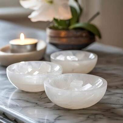 Rock Crystal Has Natural Cracks, Not Damage.1pc/2pcs Boho Natural Selenite Crystal Bowl Set, Premium Quality Decorative Crystal Bowls, Ideal For Christmas, Halloween, Thanksgiving, Graduation Gifts, No Electricity Needed