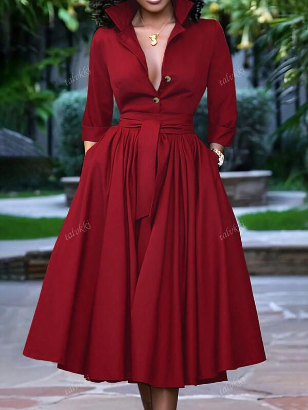 Plus Size Solid Button Front Long Sleeve Shirred Waist Long Dress, Minimalist Style