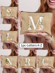 1 Peça Nécessaire com Estampa de Letra de A a Z, Presente para Meninas, Bolsa de Armazenamento com Padrão de Letra Fofo Retrô Simples da Moda com Estampa, Nécessaire para Armazenamento de Itens Pequenos, Bolsa para Cosméticos, Bolsa Leve e Dobrável para Armazenamento, Bolsa Simples para Compras, Nécessaire Presente para Professores, Armazenamento para Enfermeiros, Médicos e Professores, Adequado para Armazenamento de Cosméticos de Viagem Pessoal - Caqui - Visão 1