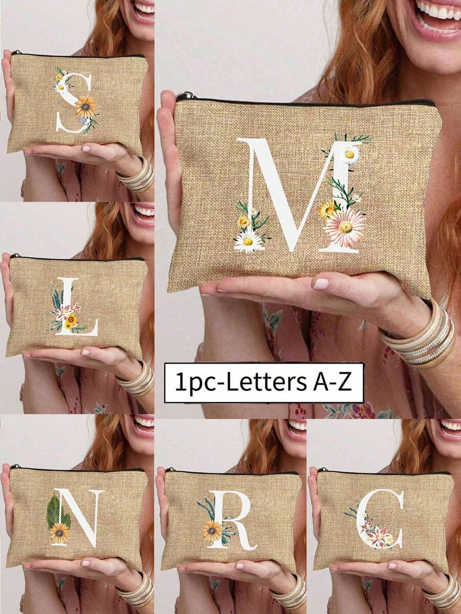 1 Peça Nécessaire com Estampa de Letra de A a Z, Presente para Meninas, Bolsa de Armazenamento com Padrão de Letra Fofo Retrô Simples da Moda com Estampa, Nécessaire para Armazenamento de Itens Pequenos, Bolsa para Cosméticos, Bolsa Leve e Dobrável para Armazenamento, Bolsa Simples para Compras, Nécessaire Presente para Professores, Armazenamento para Enfermeiros, Médicos e Professores, Adequado para Armazenamento de Cosméticos de Viagem Pessoal - Caqui - Visão 1