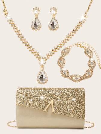 Conjunto de 4 piezas de joyería con strass, incluye collar, aretes y pulsera, ideal para bodas, clutches, bolsos, cenas con brillo, bolsos sobre, bolsos de novia, fiesta de bodas y cartera de fiesta para mujer