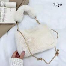 Fashion Women Fluffy Shoulder Bags Female Winter Chain Underarm Bag Solid Color Handbag Soft Plush Handle Bag - Beige - View 1