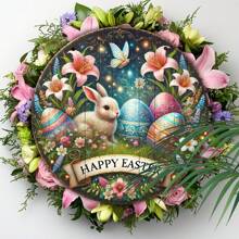 1 件复古复活节兔子木制花环标志 - 俏皮的春季墙壁艺术，带有彩色鸡蛋和鲜花，“复活节快乐”前门欢迎标志，简单的室内/室外家居和花园装饰，兔子配饰