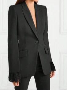 时尚优雅黑色纯色蕾丝拼接西装外套 - 黑色 - 查看 2