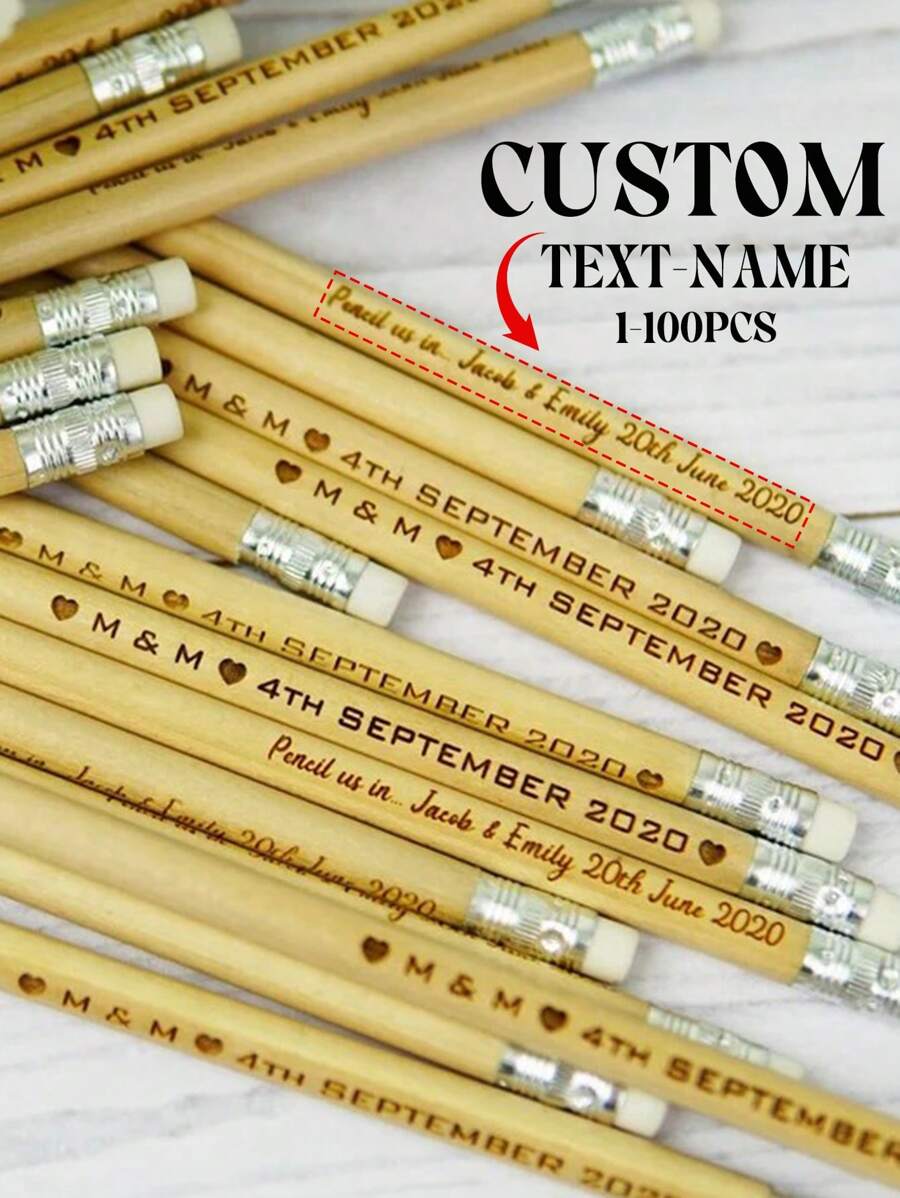 1/5/10/20/50/100pcs Customized Engraved Pencils, Personalized Text Pencils, Personalized Pens, Custom Wedding Gifts, Customized Pencils, Bulk Wedding Guest Favors, Custom Erasable Children Pencils, Sketch Pencils With Erasers, Reusable Pencils, Wood Color, White, Vintage, Personalized, Unique, His Custom Gift, Her Gift, Family, Friends, Kids, Students, Workers, Clients, Business/Work/Office, School Back To School - Multicolor - View 1