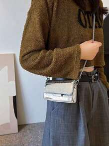 Mini Square Bag Metallic Crocodile Embossed Flap , Funky, Punk & Bag For Street Wear