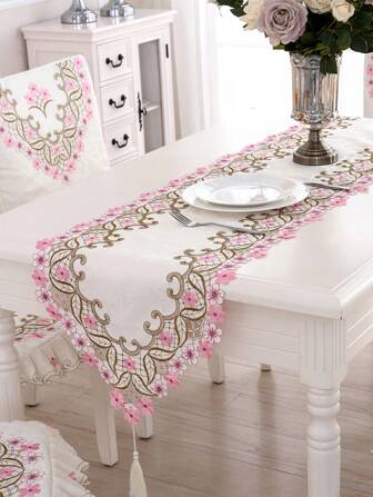 1pc Floral Embroidered Tassel Decor Table Runner