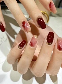 24片装短款棺材形美甲贴纸套装，新年美甲，渐变金线，甜美清新DIY美甲装饰 - 彩色 - 查看 1
