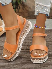 Plus Size Women's Fashion Elegant Orange Open Toe Rivet Strap Wedge Platform Sandals, Comfortable Versatile Daily Wear With Dresses