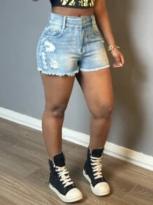 Women's Mid Rise Ripped Stretchy Jeans Shorts Frayed Raw Hem Casual Denim Shorts - 淺色水洗藍 - 查看 1