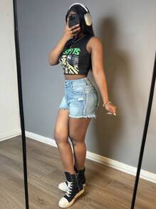 Women's Mid Rise Ripped Stretchy Jeans Shorts Frayed Raw Hem Casual Denim Shorts - 淺色水洗藍 - 查看 6