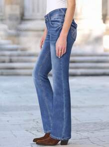 Women's Slim Fit Flared Jeans, Fashionable Flared Jeans With Embroidered Back Pockets, Elegant For Dating, Commuting, Casual Outing