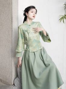 春季优雅中国风纯色编织松紧腰口袋绿色1件裙子适合中国新年、日常、街头、通勤、家居等场合穿中式连衣裙汉服下装 - 淺綠 - 查看 3
