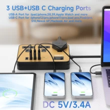 电源 7 合 1 扁平插头电源插座延长线，4 个 USB 充电端口延长插座，壁挂式，一键电源控制，过载保护，13A 3120W 电源插座，黑白金，适用于家庭办公室