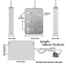电源 7 合 1 扁平插头电源插座延长线，4 个 USB 充电端口延长插座，壁挂式，一键电源控制，过载保护，13A 3120W 电源插座，黑白金，适用于家庭办公室