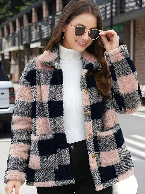 Chaquetón de mujer con estampado de cuadros y detalles de parches, chaqueta de calle de manga larga con botones y cierre de un solo pecho.