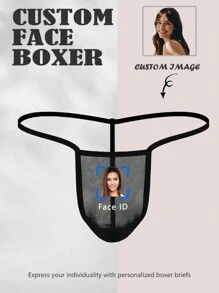 Custom Men Black Net Trim Thong Underwear, Personalized Face ID Print Sexy Breathable Lingerie, Intimate Valentine's Day Gift