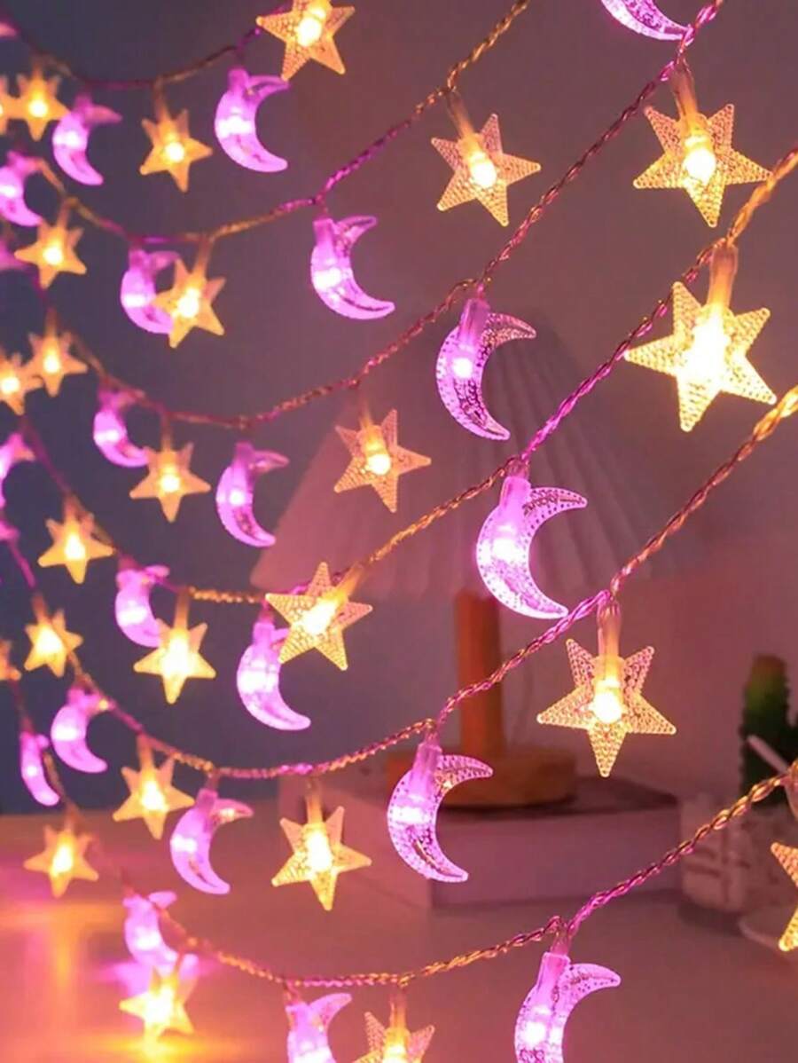 1 buc 4.9/9.8ft Culoare Caldă Șir Luminos Decorativ Stea Lună, Lumină Stea Zână Acționată Cu Baterii Pentru Decor Acasă, Decor Cameră, Decor Dormitor, Decor Grădină, Decor Camping, Decor Petrecere, Decor Bal Nuntă, Șir Luminos Decorativ Curte - Galben+Roz - Vizualizare 1