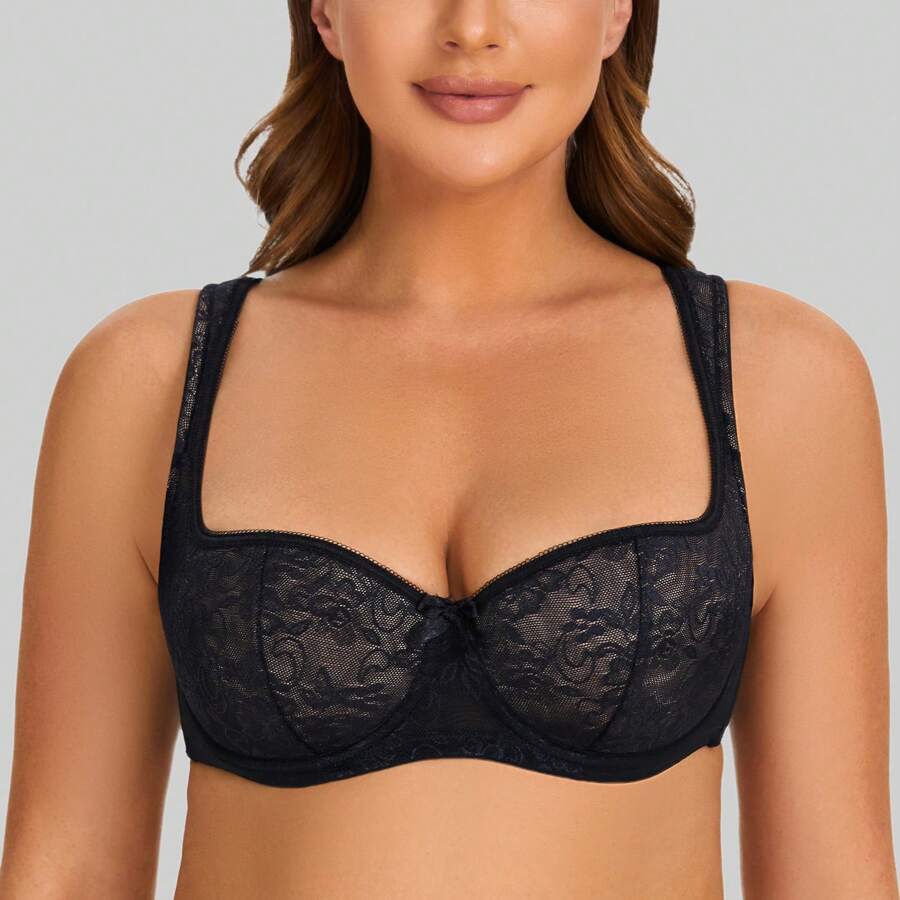 MELENECA MELENECA Women's Balconette Bra With Padded Strap Half Cup Underwire Sexy Lace