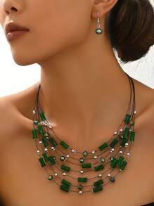 1pc Middle Eastern Style Bamboo Knot Layered Necklace & 1 Pair Glass Bead Earrings, Fashionable Jewelry Set For Women