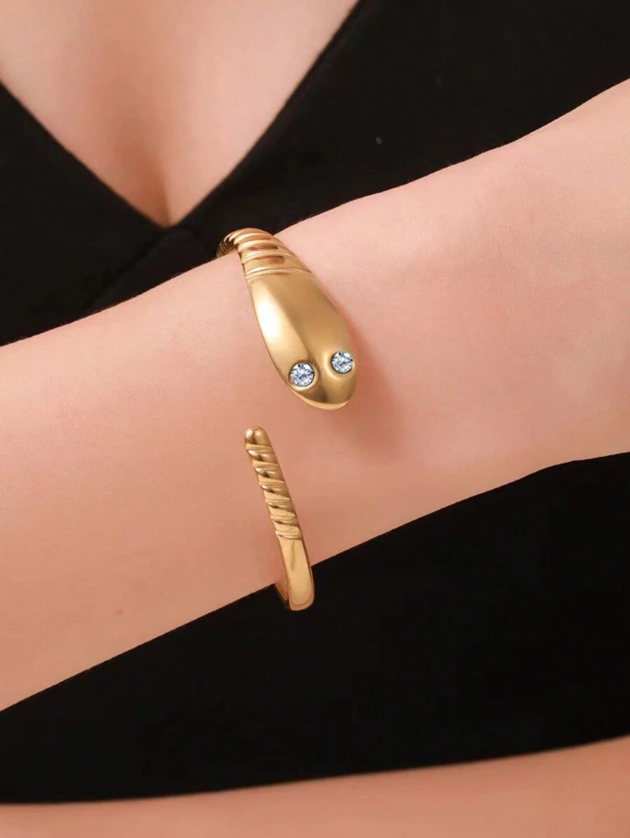 1pc Minimalist Stainless Steel Snake Head Rhinestone Bracelet, Suitable For Men And Women, Daily Wear