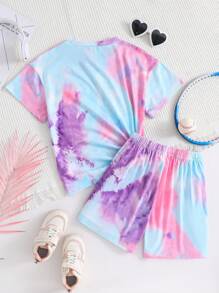 2pcs Girls' Outdoor Sports Comfortable Tie-Dye Letter Print Short Sleeve T-Shirt And Tie-Dye Elastic Waist Shorts Set, Spring/Summer