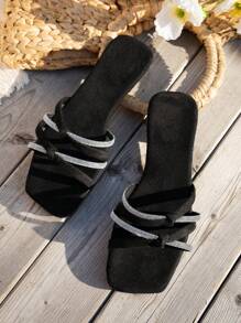 Women's Summer Sandals, Elegant Rhinestone Embellished Woven Strap Slip-On Mules, Suede-Like Fabric, Flat, Open Toe, Non-Slip, Casual Outdoor Slippers - Black - View 1