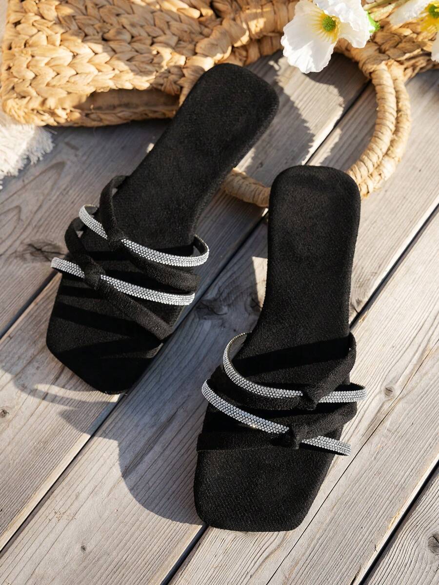 Women's Summer Sandals, Elegant Rhinestone Embellished Woven Strap Slip-On Mules, Suede-Like Fabric, Flat, Open Toe, Non-Slip, Casual Outdoor Slippers - Black - View 1
