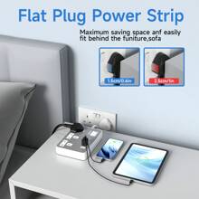 电源 7 合 1 扁平插头电源插座延长线，4 个 USB 充电端口延长插座，壁挂式，一键电源控制，过载保护，13A 3120W 电源插座，黑白金，适用于家庭办公室