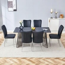 Table And Chair Set.63"X31.5x30" Black Marble-Patterned Slabs Tabletop With Stainless Steel Butterfly Legs.Paired With 6 Black PU Dining Chairs With A Vertical Stripe Design On The Backrest.