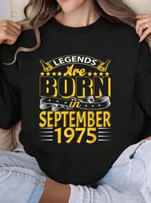 Women's Fashion Hoodie, September 1975 Birthday Printed Design, Casual Pullover Sweatshirt, Long Sleeve, Spring/Autumn Season, Unisex - màu đen - Xem 1