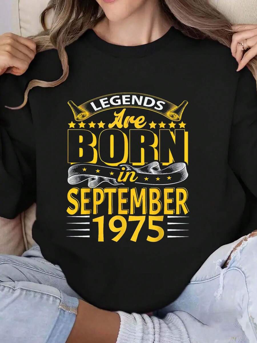 Women's Fashion Hoodie, September 1975 Birthday Printed Design, Casual Pullover Sweatshirt, Long Sleeve, Spring/Autumn Season, Unisex - màu đen - Xem 1