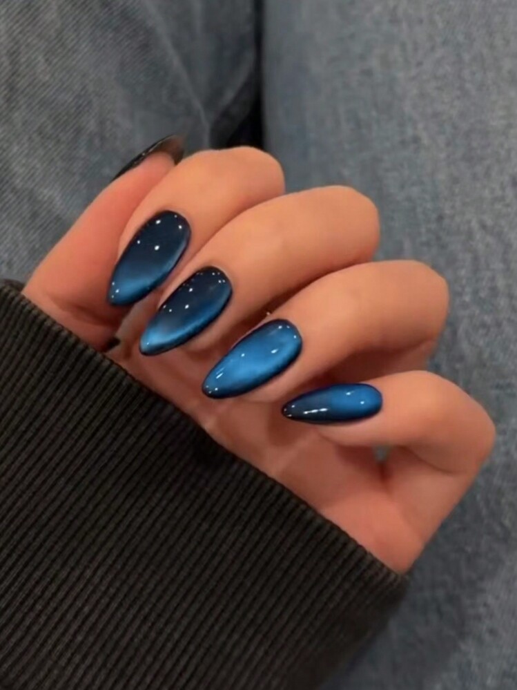 24pcs 2K Crystal Blue Cat Eye Acrylic Almond Nail Stickers Set, Includes 1pc Jelly Gel And 1pc Nail File, Suitable For Women & Girls Daily Wear, Also Suitable For Dance Parties Nails Nail Supplies - Royal Blue - View 7