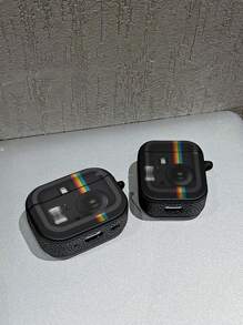 Leren textuur oortelefoonhoesje, creatieve instant camera-stijl beschermhoes compatibel met AirPods Pro 2e generatie, AirPods 1/2/3, draadloze Bluetooth-oortelefoon, minimalistische INS-stijl, zwart en wit
